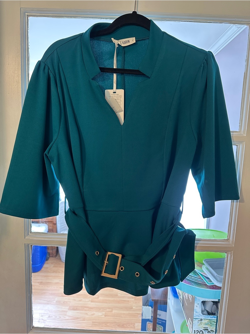 Grace Karin Teal Belted Peplum Top in Blue Green (XL)